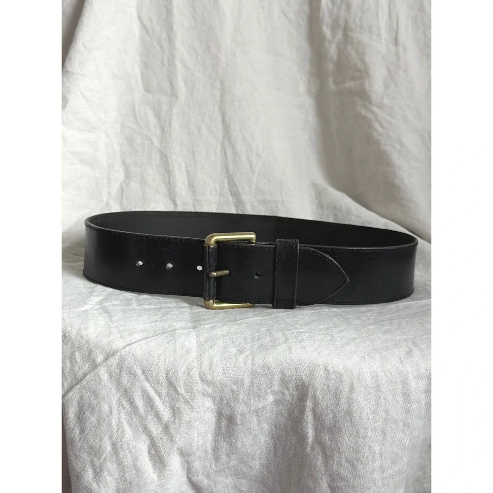 Vintage Black Leather Wide Waist Belt Gold Roller Buckle Dark Academia Goth M